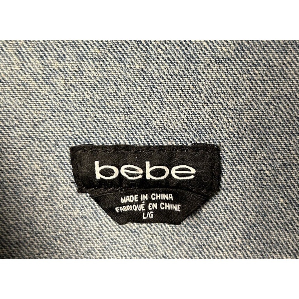 Bebe Jacket Large Embroidered Cropped Denim Distressed Frayed Hem - Picture 6 of 13